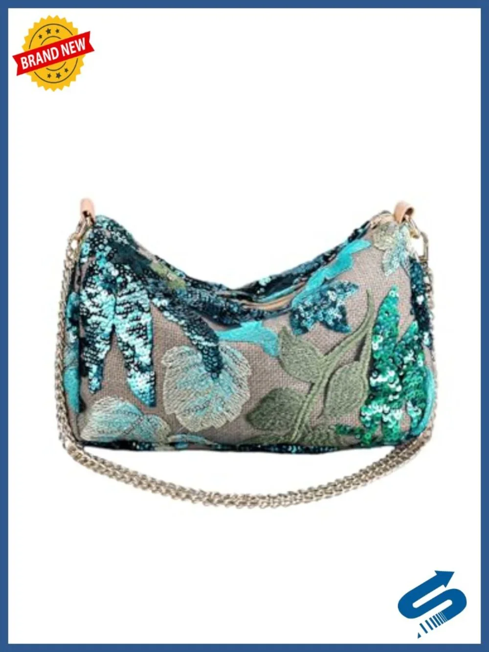 Sequin Floral Embroidered Evening Clutch Purse with Chain Strap | Wedding Guest